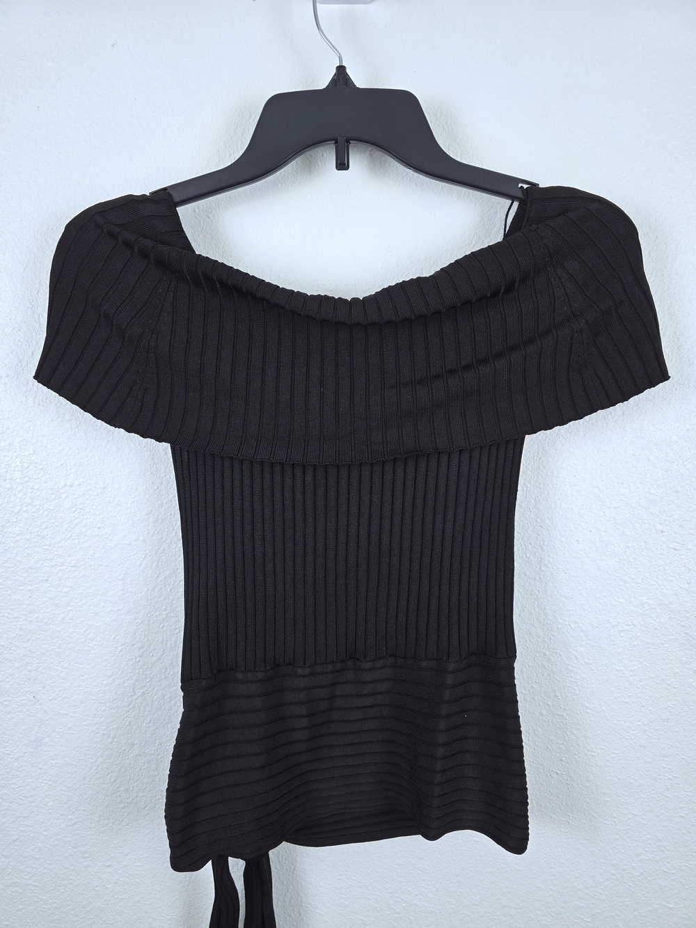 White House Black Market | Black Ribbed Off Shoulder Tie Waist Top Size S - Picture 11 of 12